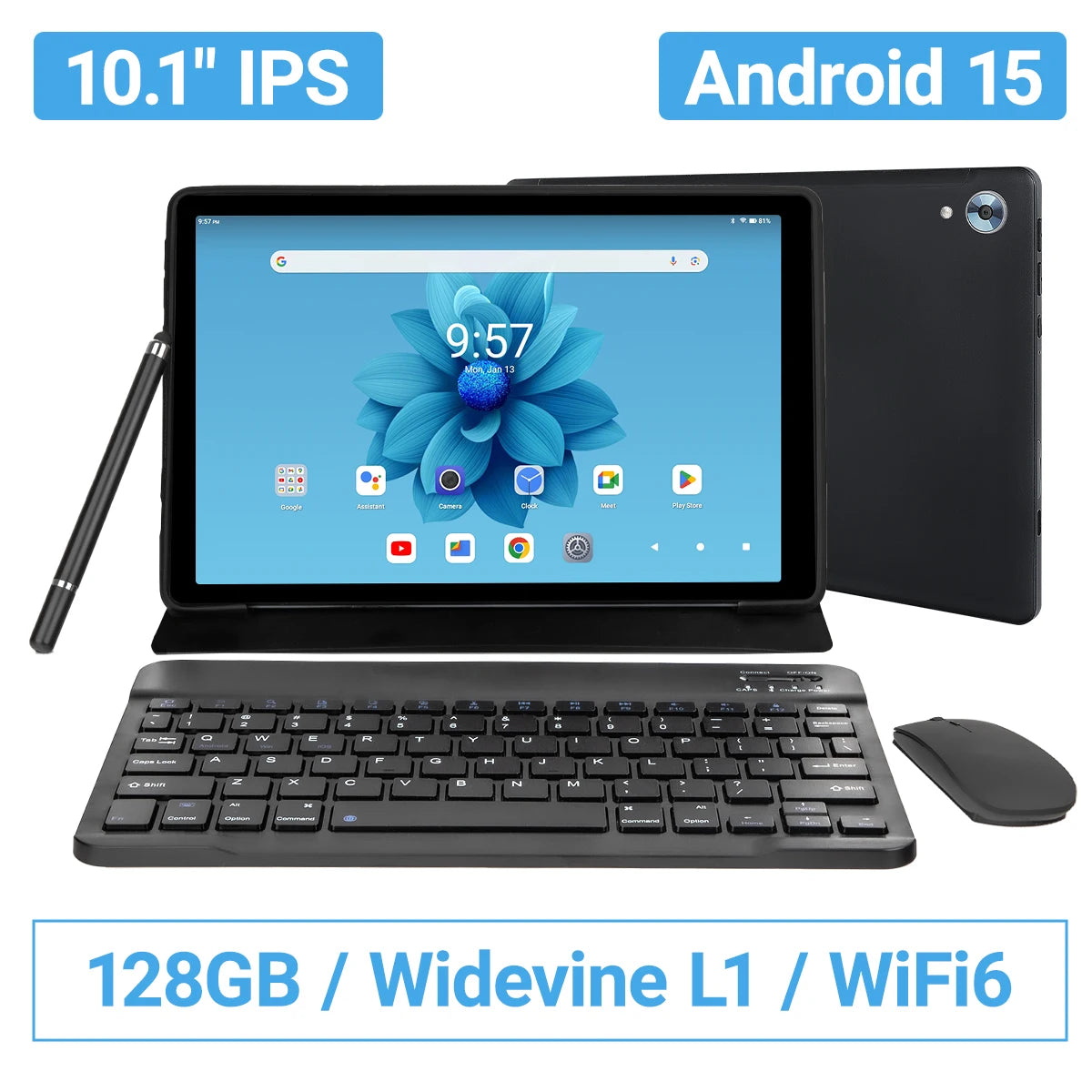 URAO Tablette 10 Pouces Android 15, Octa-Core, 24Go RAM + 128Go ROM, WiFi 6, Clavier Souris Inclus