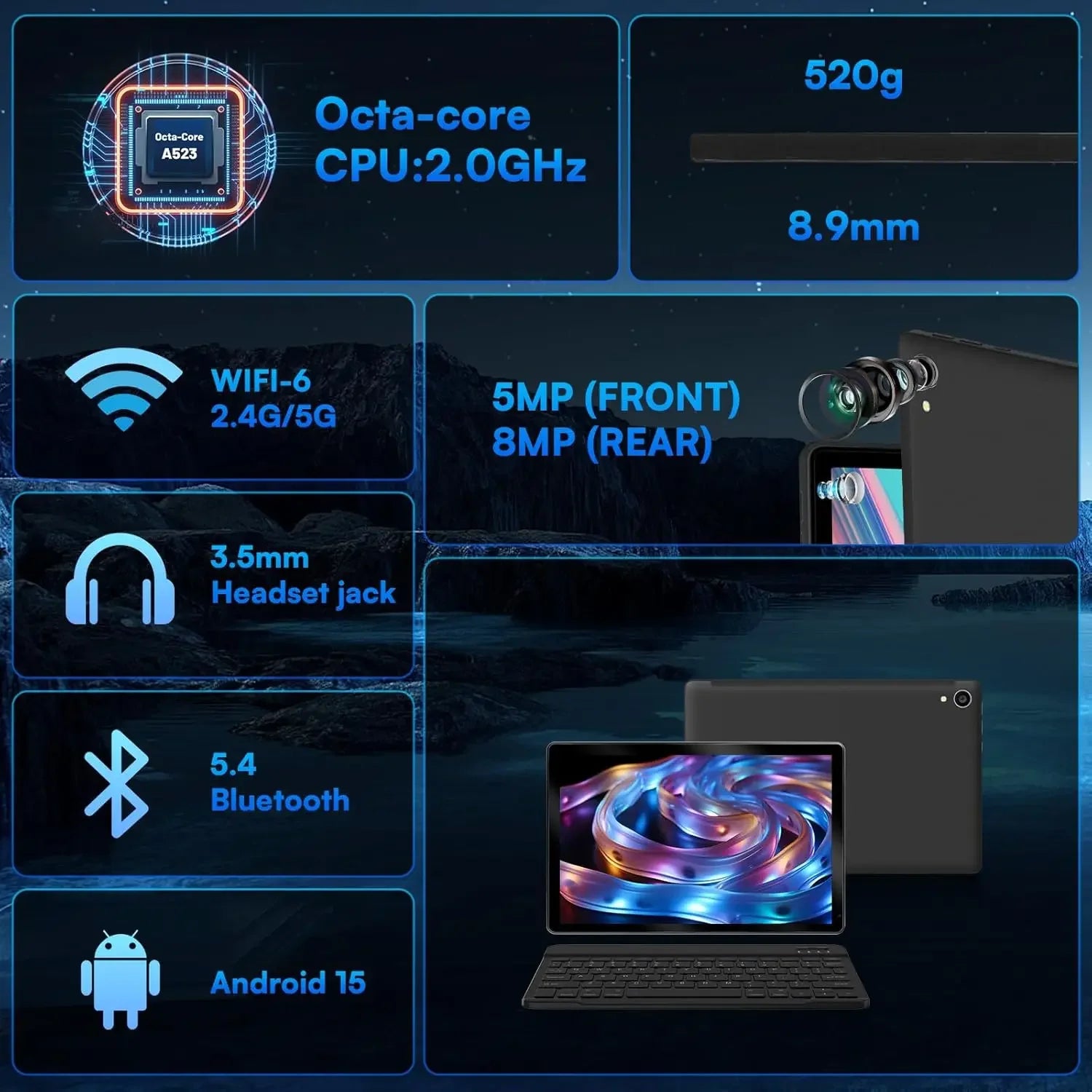 URAO Tablette 10 Pouces Android 15, Octa-Core, 24Go RAM + 128Go ROM, WiFi 6, Clavier Souris Inclus