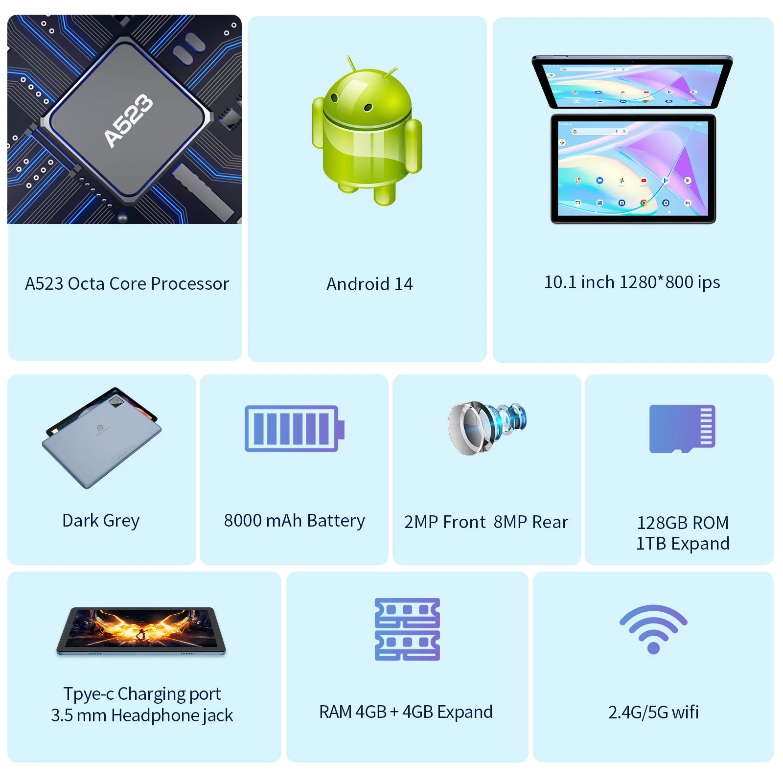 PRITOM TAB11 Tablette 10 Pouces Android 14, Octa-Core, WiFi6 5G, 128Go, Batterie 8000mAh, IPS HD
