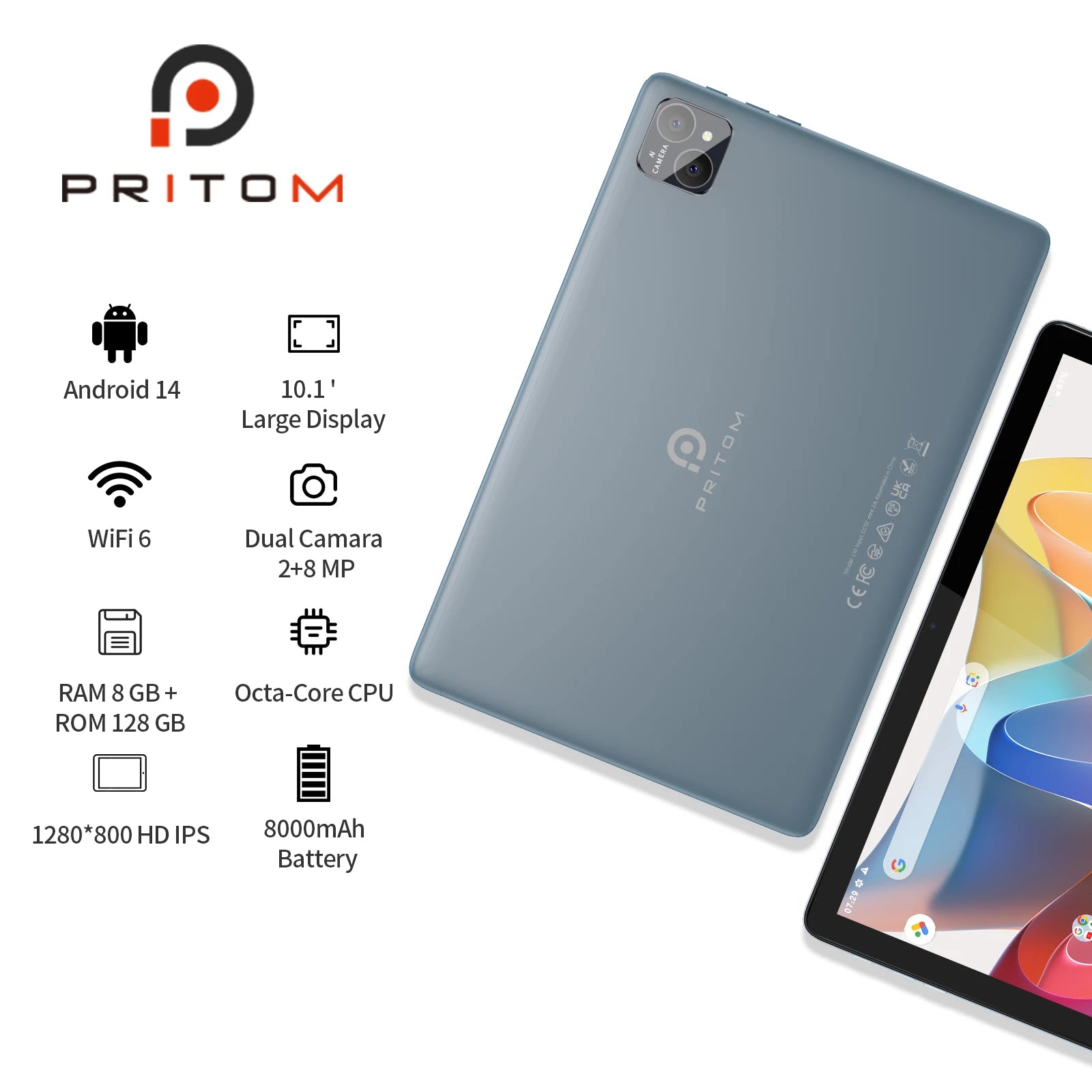 PRITOM TAB11 Tablette 10 Pouces Android 14, Octa-Core, WiFi6 5G, 128Go, Batterie 8000mAh, IPS HD